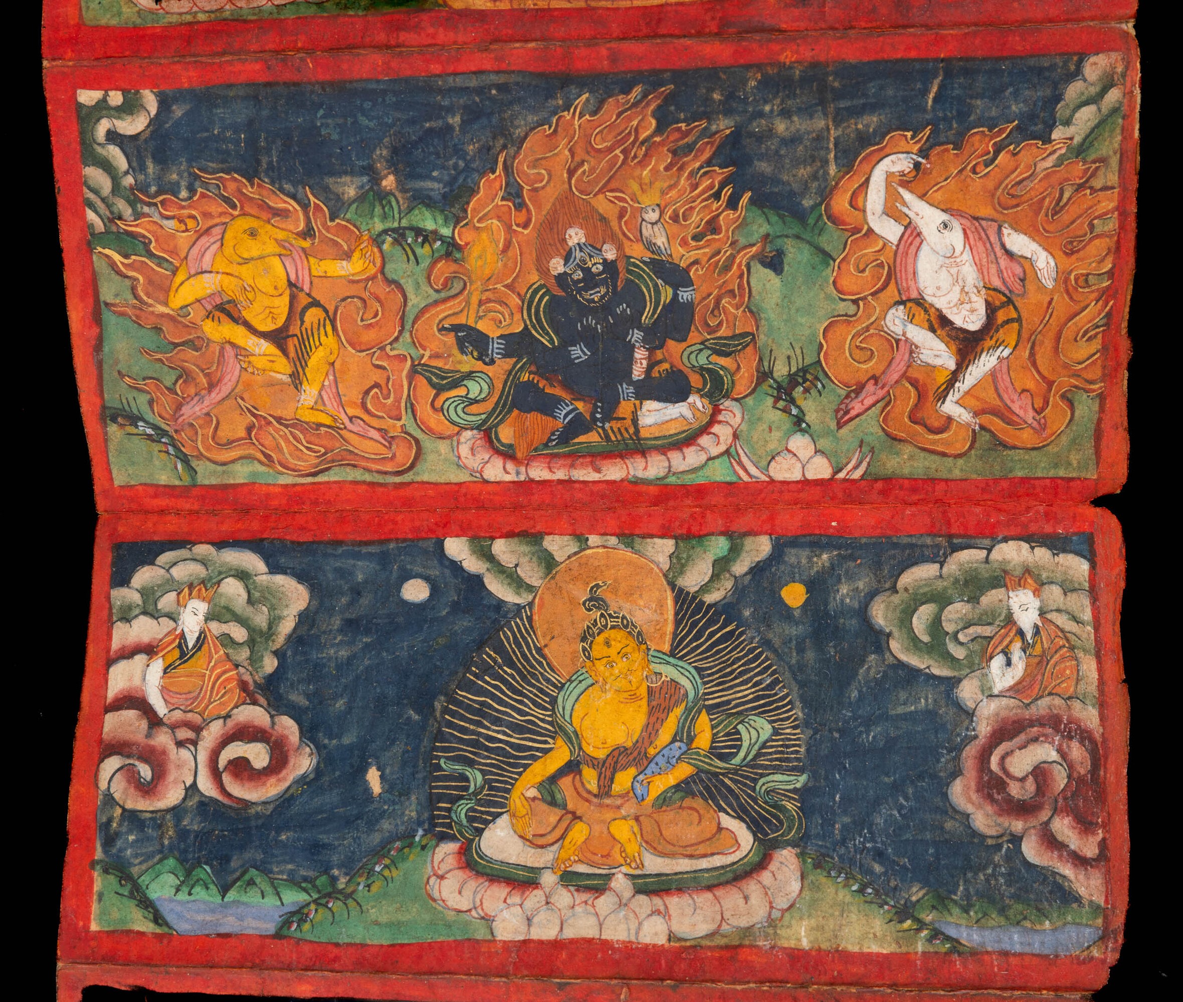Libro a Pagine Decorate con Scene della Mitologia Tibetana, Tibet, XIX Secolo