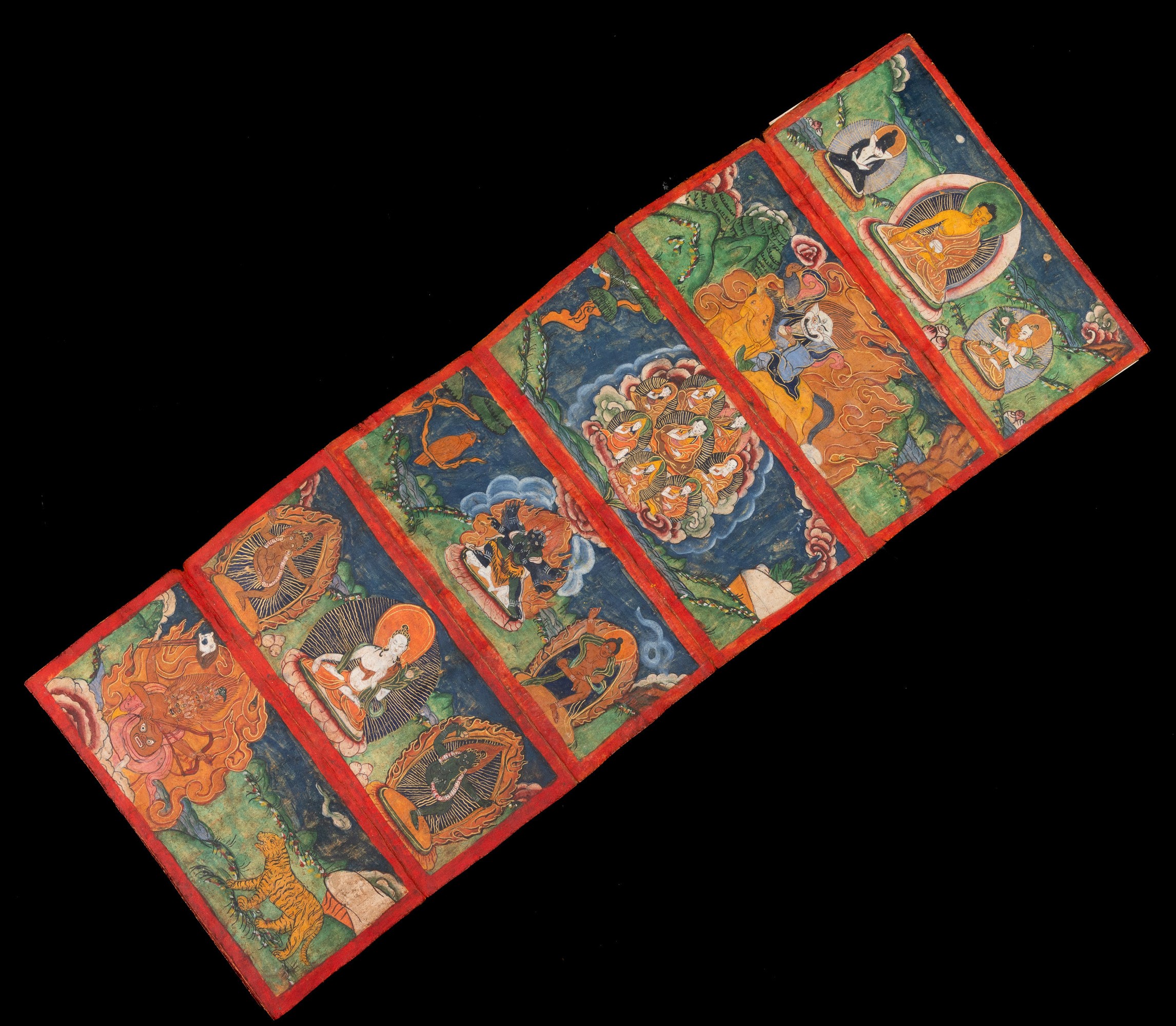 Libro a Pagine Decorate con Scene della Mitologia Tibetana, Tibet, XIX Secolo