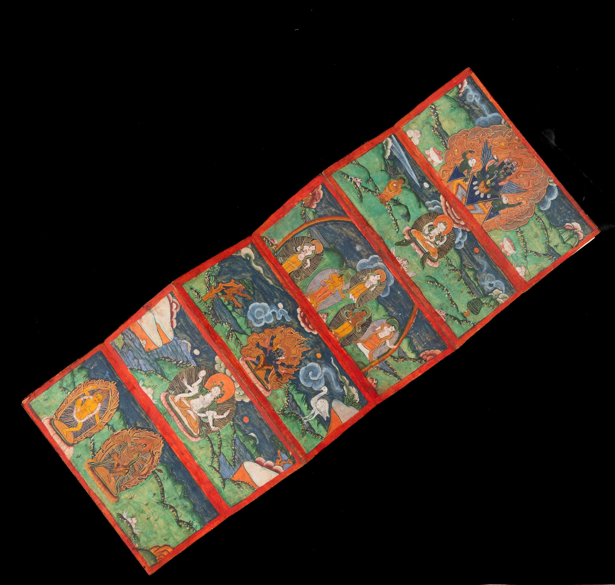 Libro a Pagine Decorate con Scene della Mitologia Tibetana, Tibet, XIX Secolo