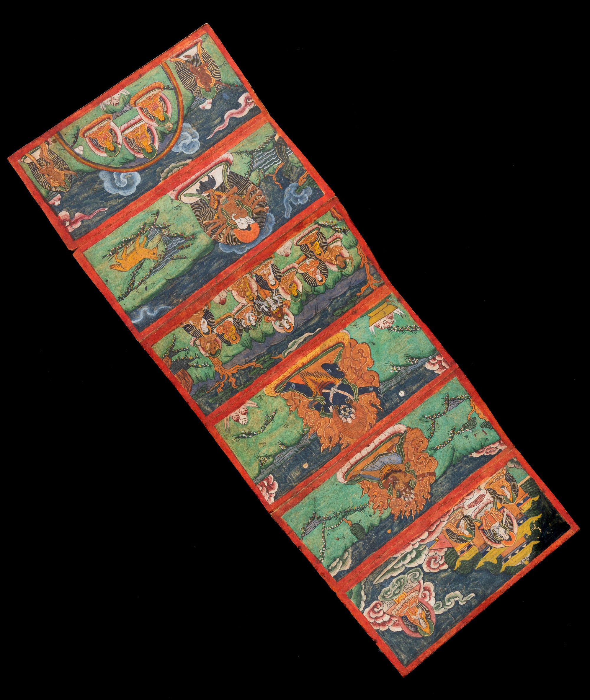 Libro a Pagine Decorate con Scene della Mitologia Tibetana, Tibet, XIX Secolo