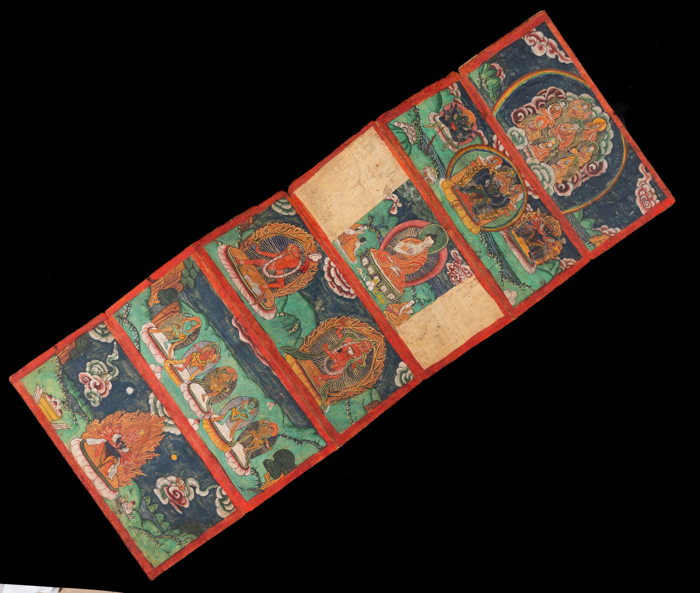 Libro a Pagine Decorate con Scene della Mitologia Tibetana, Tibet, XIX Secolo