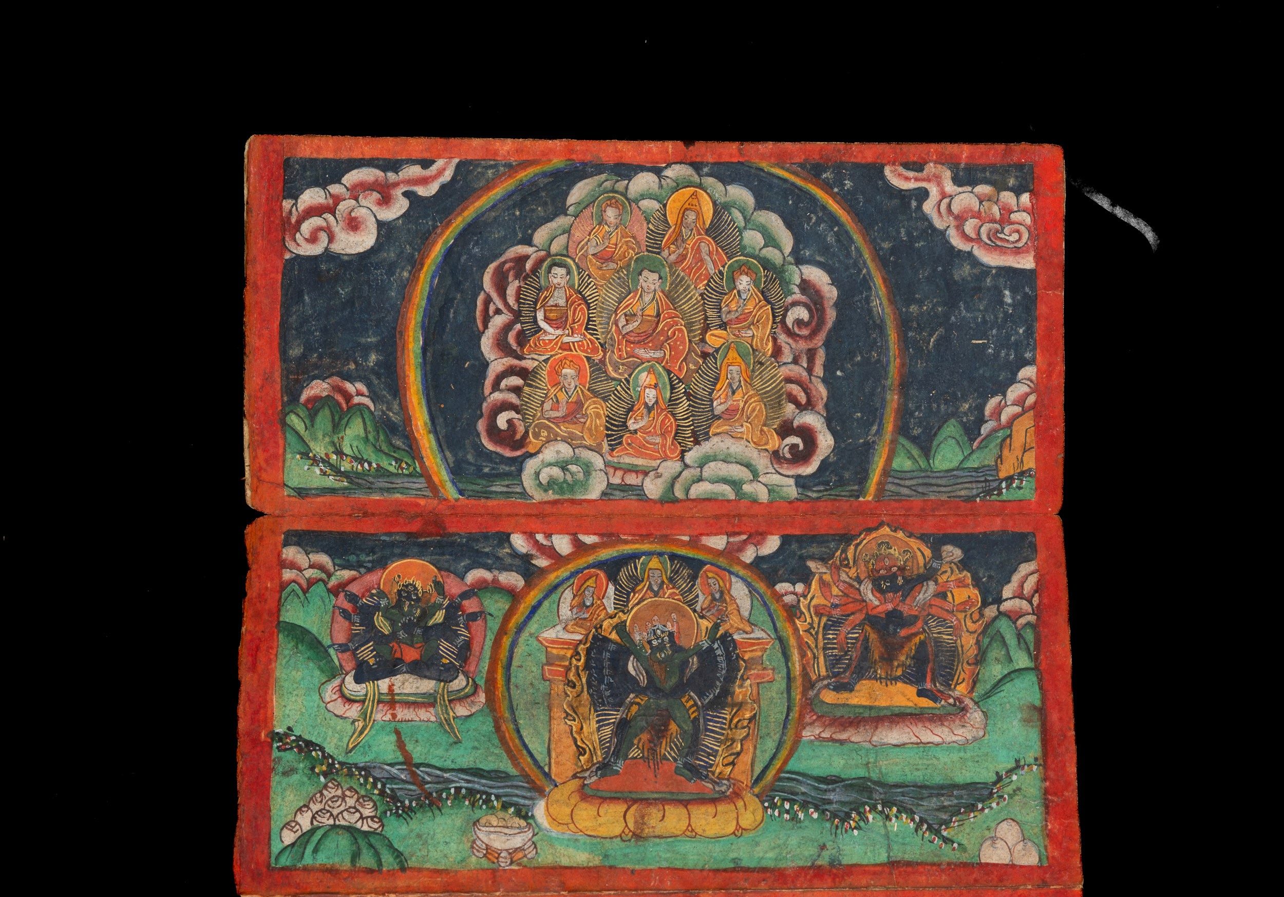 Libro a Pagine Decorate con Scene della Mitologia Tibetana, Tibet, XIX Secolo