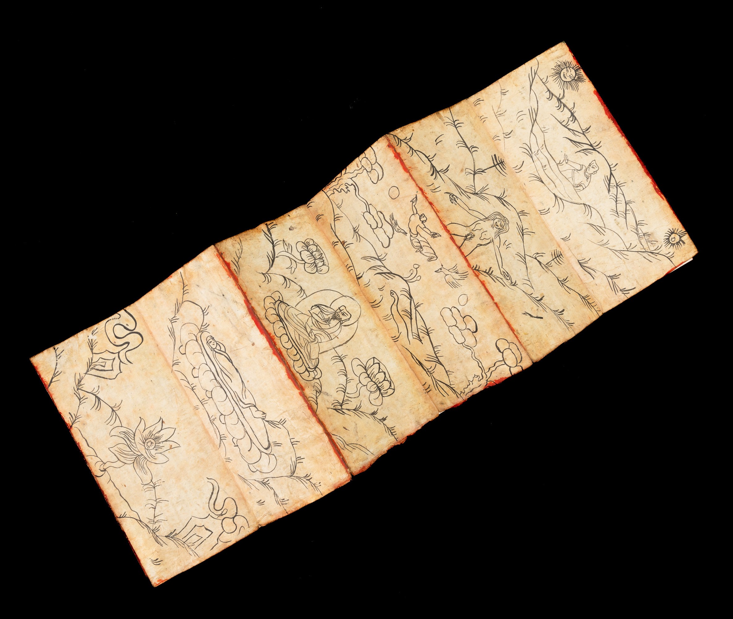 Libro a Pagine Decorate con Scene della Mitologia Tibetana, Tibet, XIX Secolo