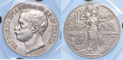 Regno D’italia. Vittorio Emanuele III di Savoia, 1900-1946. 5 Lire 1911. Cinquantenario.