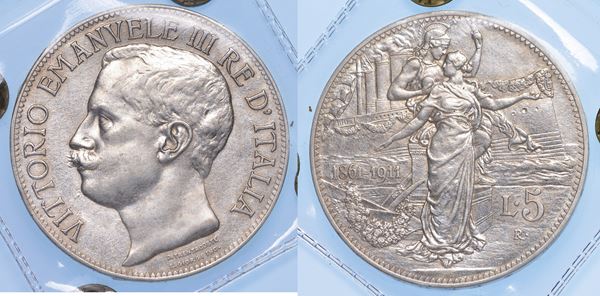 REGNO D’ITALIA. VITTORIO EMANUELE III DI SAVOIA, 1900-1946.   5 Lire 1911. Cinquantenario.