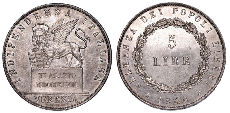 VENEZIA. GOVERNO PROVVISORIO DI VENEZIA, 1848-1849.   5 Lire 1848 (II tipo).  - Auction Numismatics - Cambi Casa d'Aste