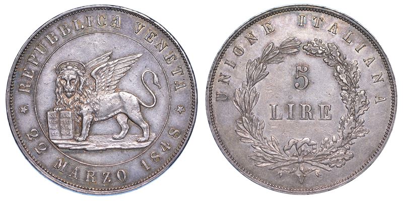 VENEZIA. GOVERNO PROVVISORIO DI VENEZIA, 1848-1849. 5 Lire 1848 (I tipo).  - Auction Numismatics - Cambi Casa d'Aste