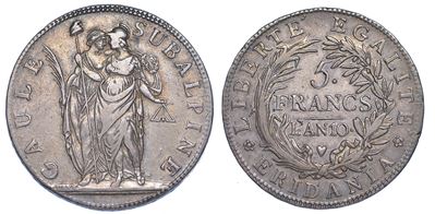 Torino. Repubblica Subalpina, 1800-1802. 5 Franchi An. 10.