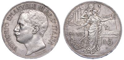 Regno D’italia. Vittorio Emanuele III di Savoia, 1900-1946. 5 Lire 1911. Cinquantenario.