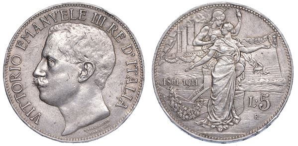 REGNO D’ITALIA. VITTORIO EMANUELE III DI SAVOIA, 1900-1946. 5 Lire 1911. Cinquantenario.