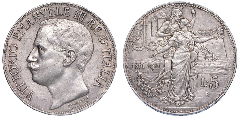 REGNO D’ITALIA. VITTORIO EMANUELE III DI SAVOIA, 1900-1946. 5 Lire 1911. Cinquantenario.  - Auction Numismatics - Cambi Casa d'Aste
