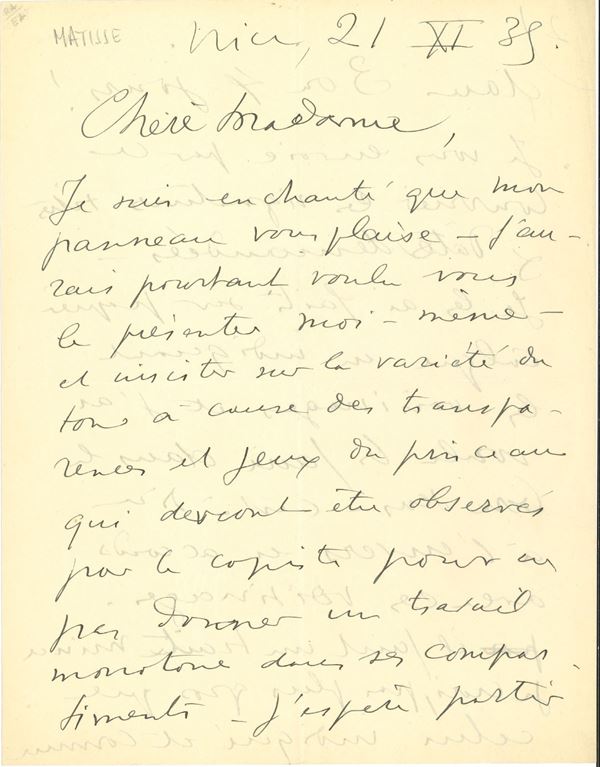 Matisse Henri (1869 - 1954) Lettera autografa, indirizzata a una non meglio identificata “Chere Madame”. Nizza, 21-11-1939