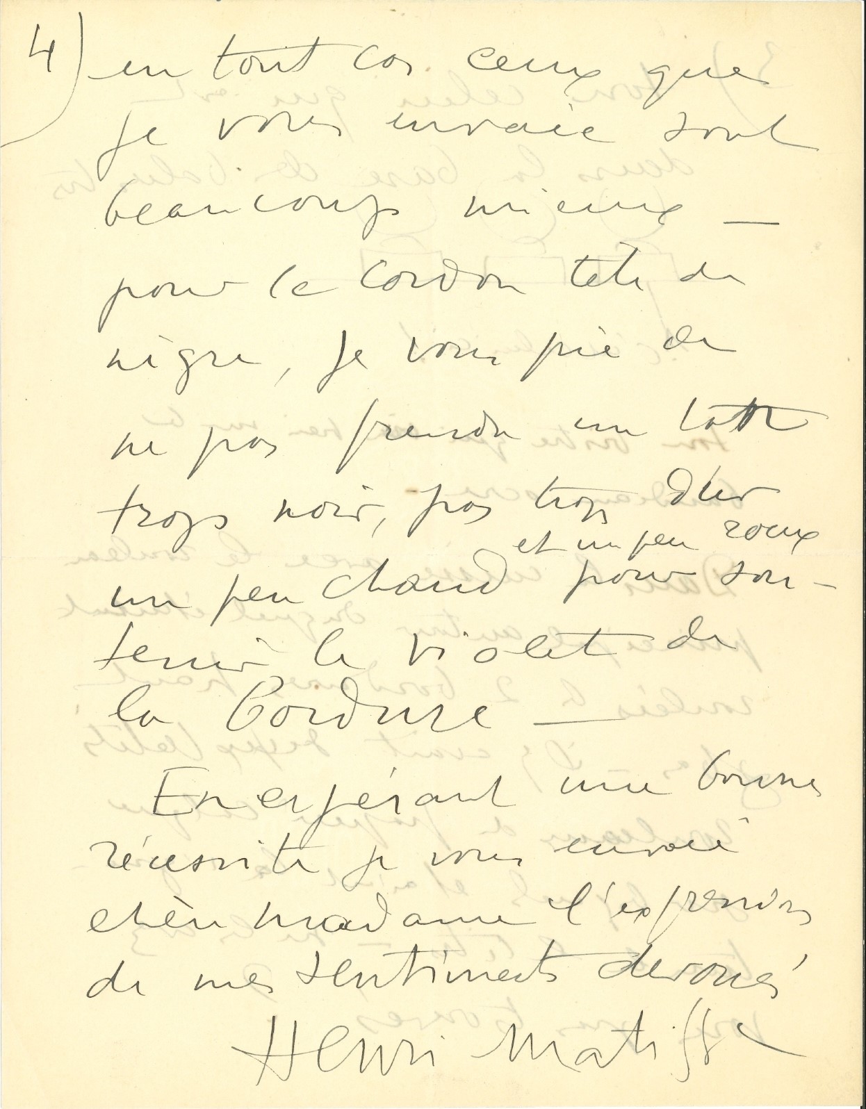 Matisse Henri (1869 - 1954) Lettera Autografa, Indirizzata a una Non Meglio Identificata “chere M...