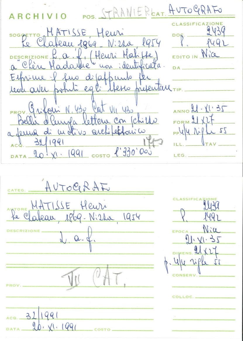Matisse Henri (1869 - 1954) Lettera Autografa, Indirizzata a una Non Meglio Identificata “chere M...