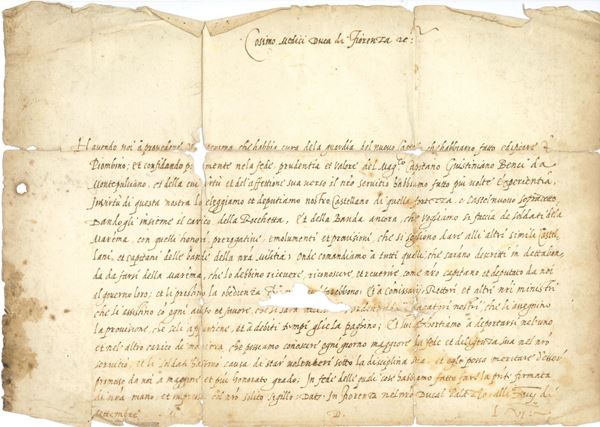 De' Medici Cosimo I, I granduca di Firenze (1519-1574) Decreto di nomina indirizzata al capitano Giustiniano Benci da Montepulciano come Castellano di Piombino
