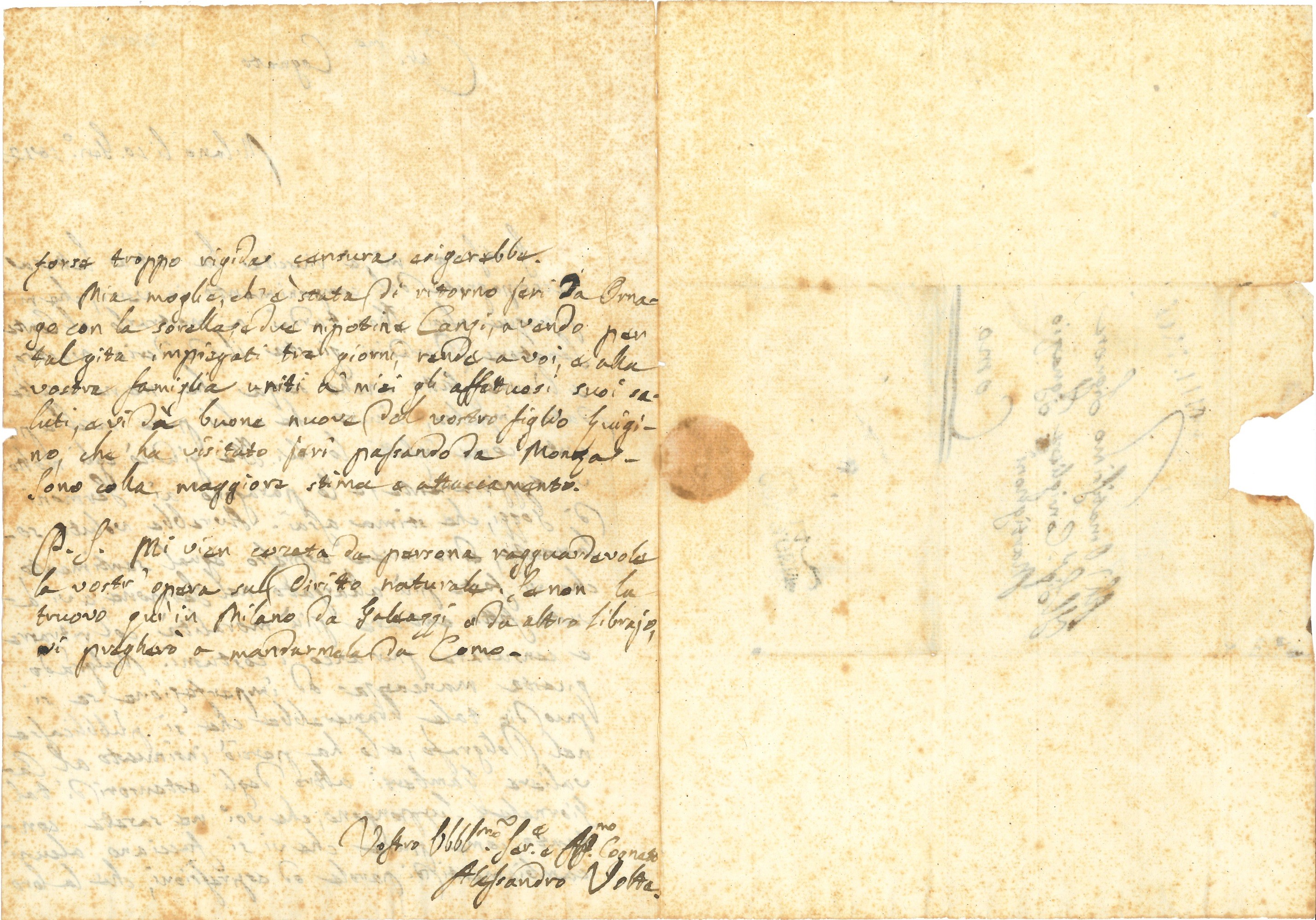 Volta Alessandro (1745-1827) Lettera Autografa al Cognato Ignazio Martignoni