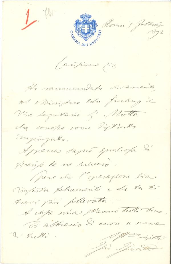 Giolitti Giovanni (1842 - 1928) Lettera autografa alla zia