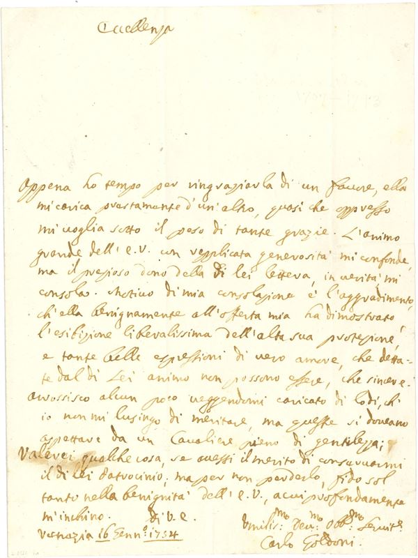 Goldoni Carlo (1707-1793) Lettera autografa a non meglio specificata "Eccellenza"