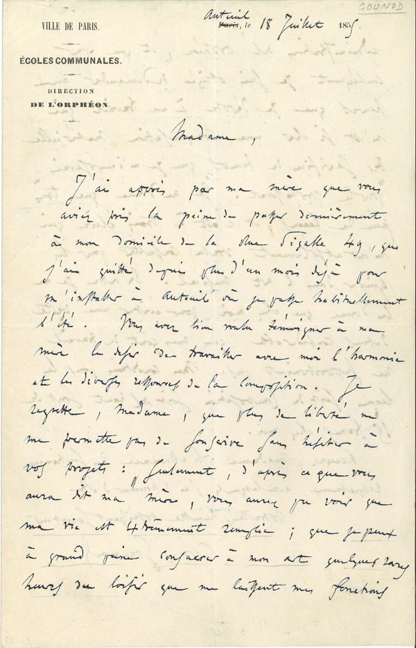 Gounod Charles François (1818-1893) Lettera autografa a una destinataria non identificata