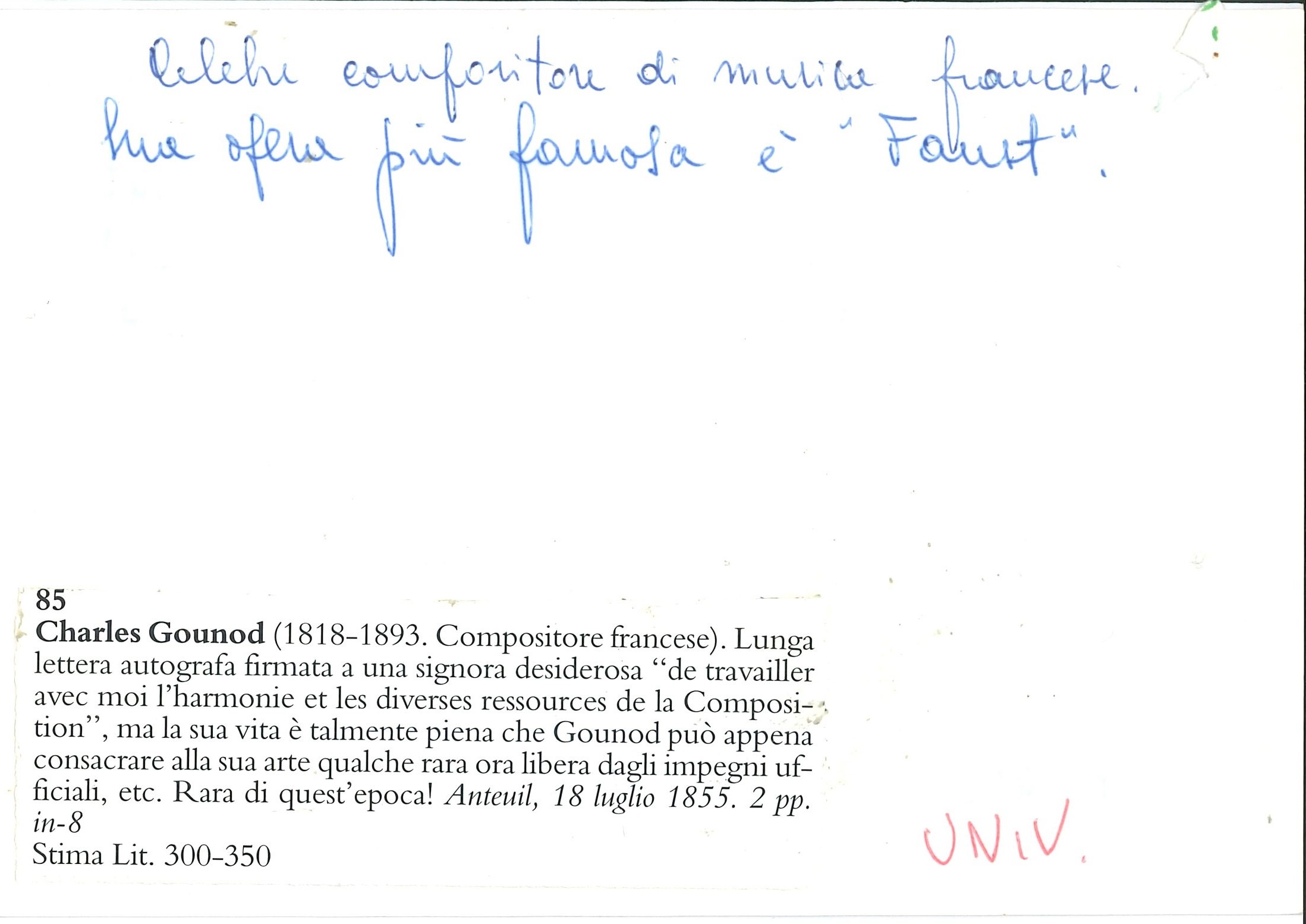 Gounod Charles François (1818-1893) Lettera Autografa a una Destinataria Non Identificata
