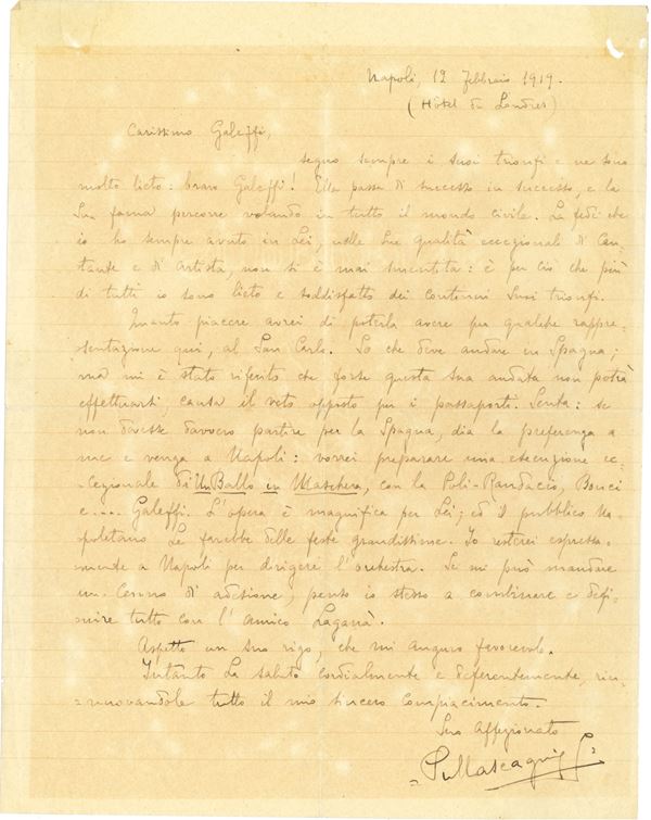 Mascagni Pietro (1868 - 1954) Lettera autografa con busta indirizzata al celebre baritono Carlo Galeppi