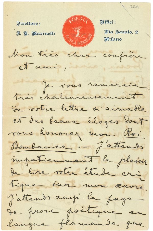 Marinetti Filippo Tommaso (1876 - 1944) Lettera autografa in francese a un "cher confrére et ami"