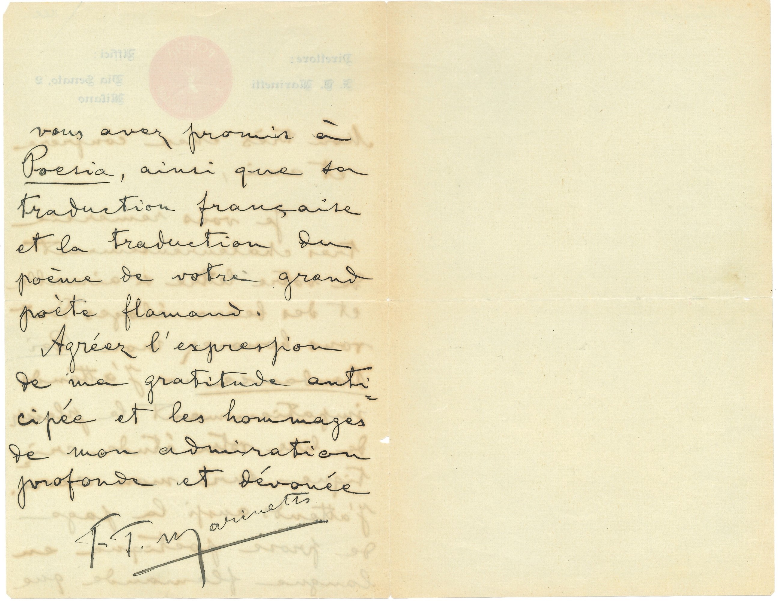 Marinetti Filippo Tommaso (1876 - 1944) Lettera Autografa in Francese a un "cher Confrére Et Ami"