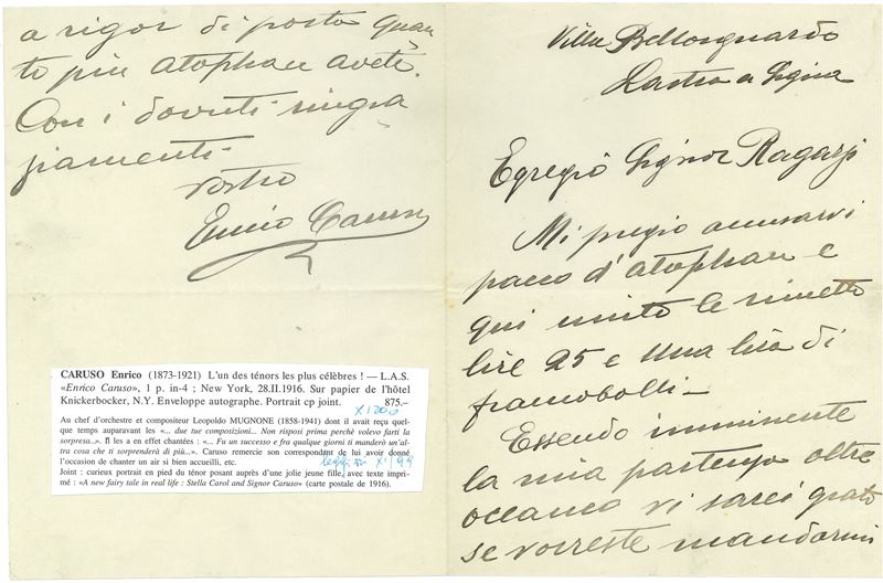 Caruso Enrico (1873-1921) Lettera autografa indirizzata a un non meglio precisato“Egregio sig. Ragazzi”  - Asta Libri Antichi e Rari - Cambi Casa d'Aste