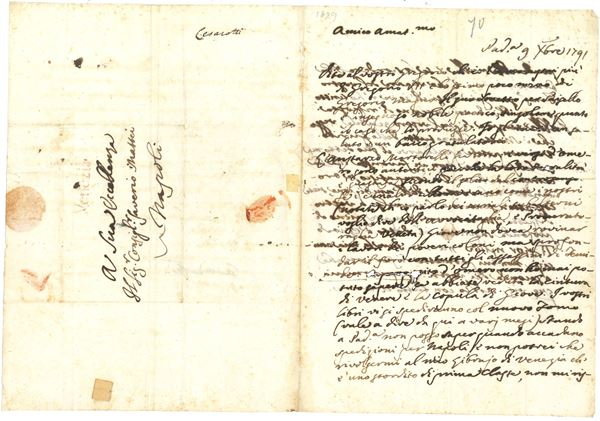 Cesarotti Melchiorre (1730-1808) Lettera autografa a Saverio Mattei