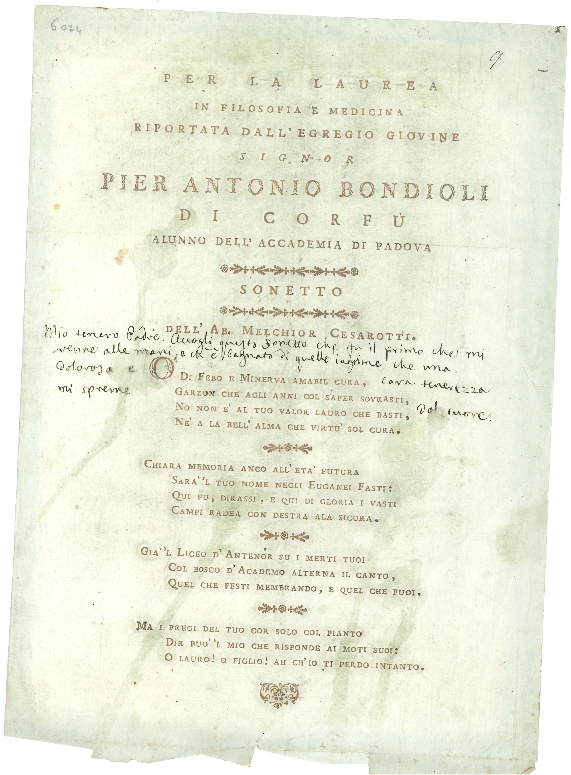 Cesarotti Melchiorre (1730-1808) Lettera Autografa a Saverio Mattei