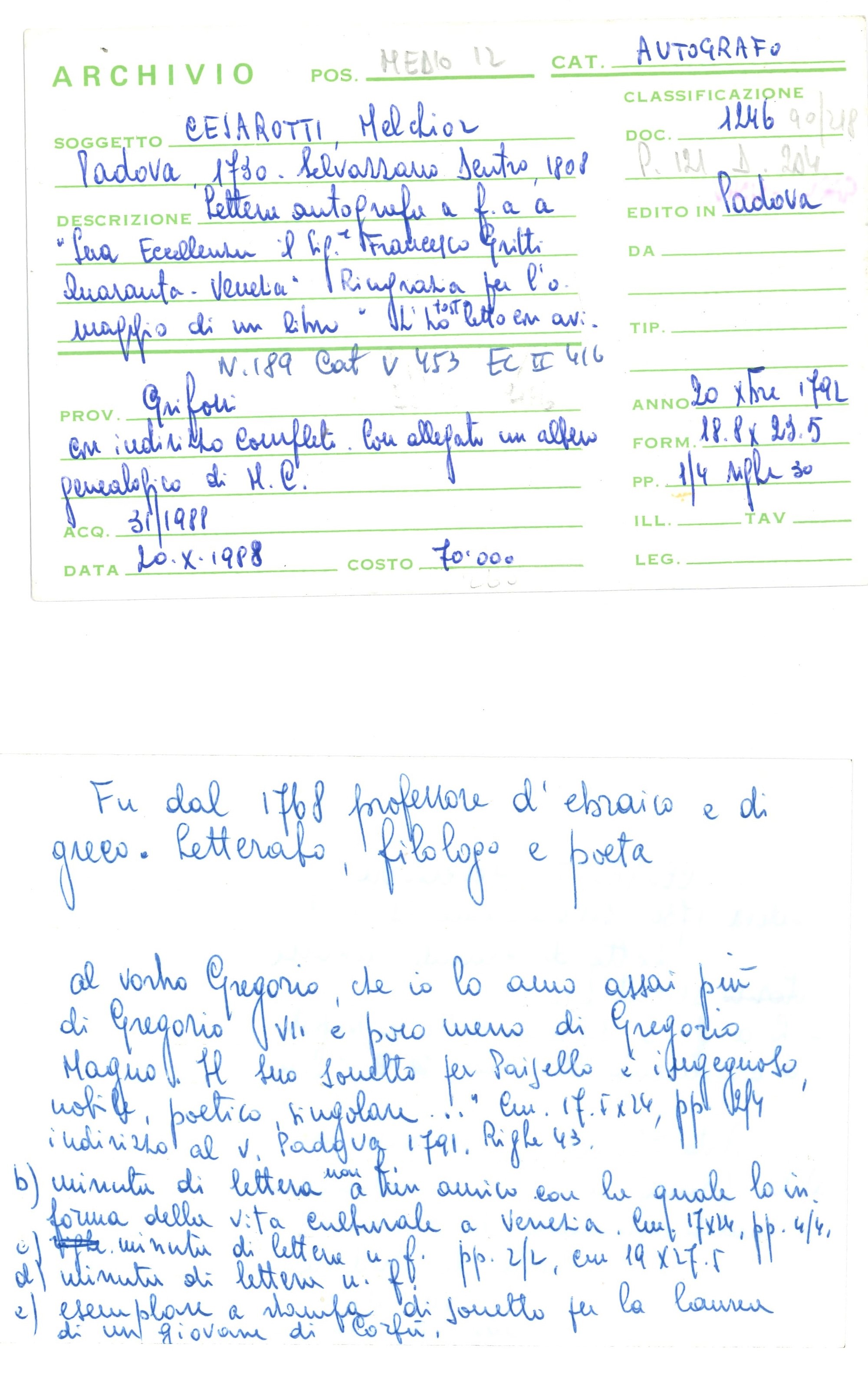 Cesarotti Melchiorre (1730-1808) Lettera Autografa a Saverio Mattei