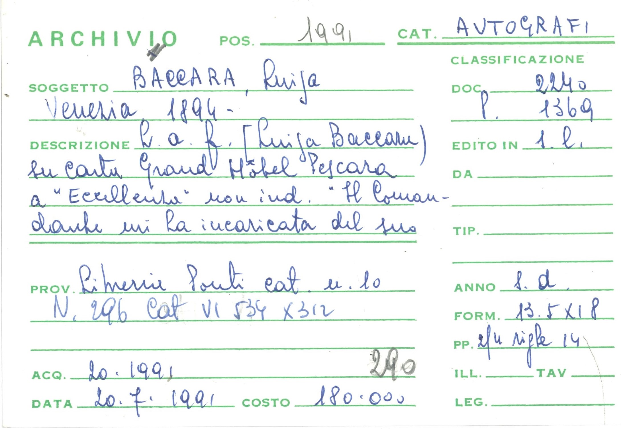 Baccara Luisa (1892-1985) Lettera Autografa a Non Meglio Identificata "eccellenza"