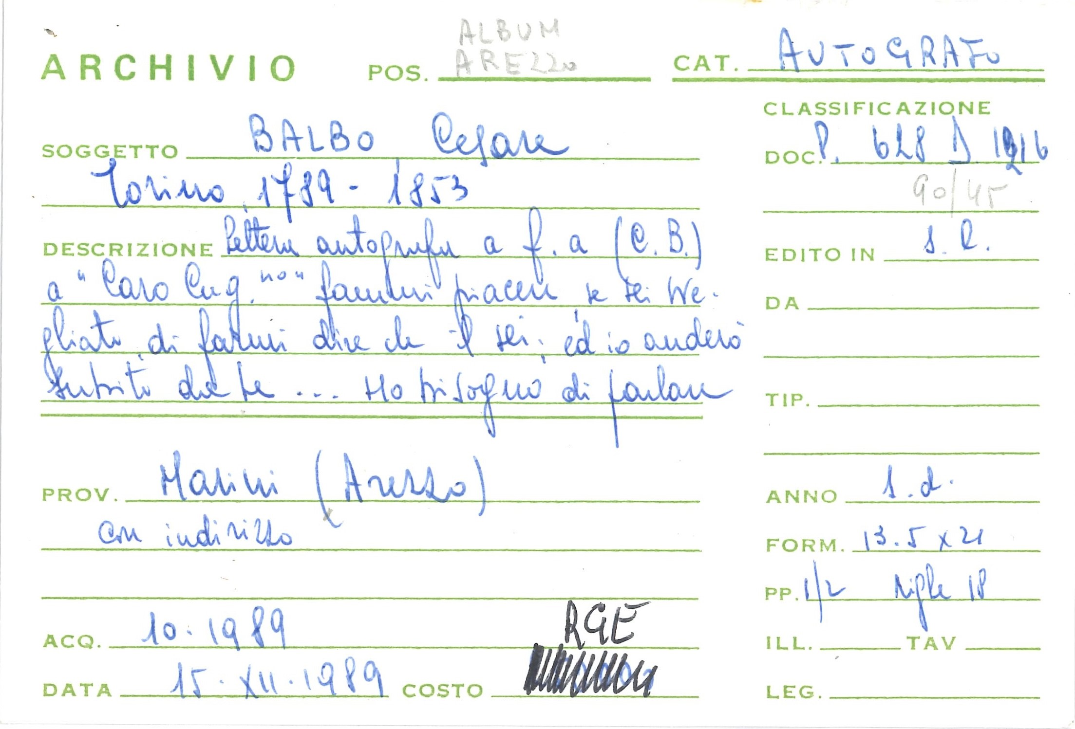 Balbo Cesare (1789-1853) Lettera al Cugino Gian Francesco Galeani Napione Firmata "C.b." (presumi...