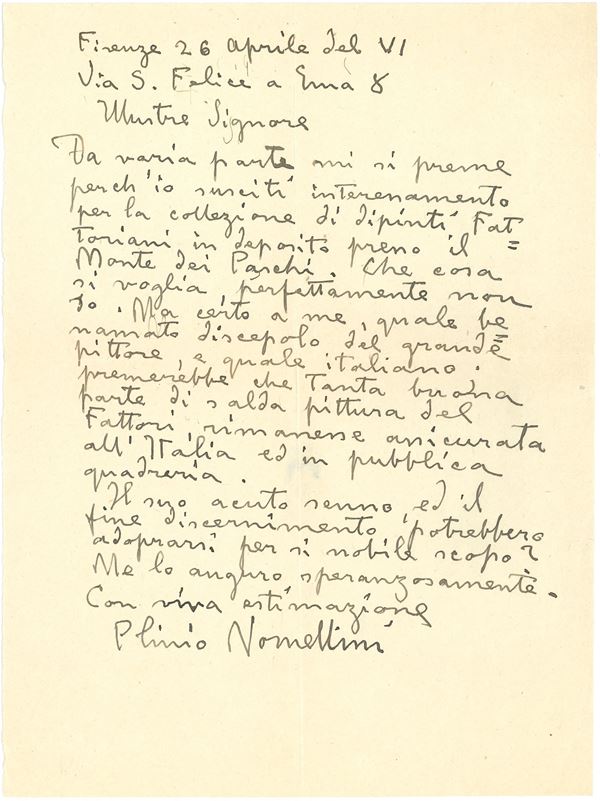 Nomellini Plinio (1866 - 1943) Lettera autografa indirizzata presumibilmente al Presidente del Monte dei Paschi di Siena, Firenze, 26.04.1966