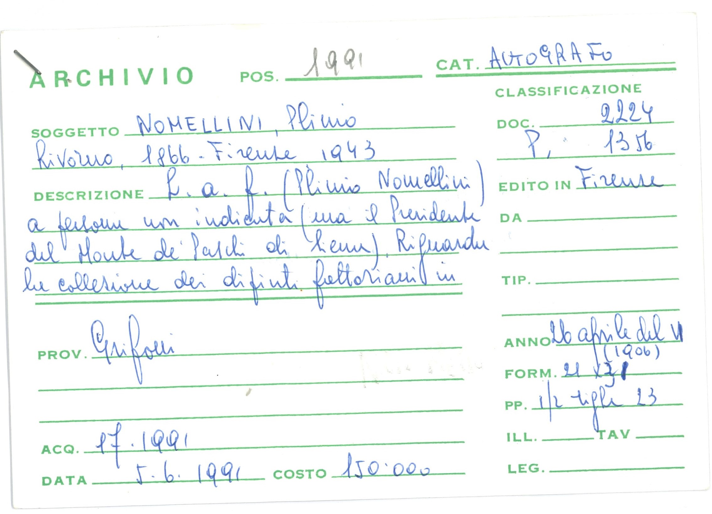 Nomellini Plinio (1866 - 1943) Lettera Autografa Indirizzata Presumibilmente al Presidente del Mo...