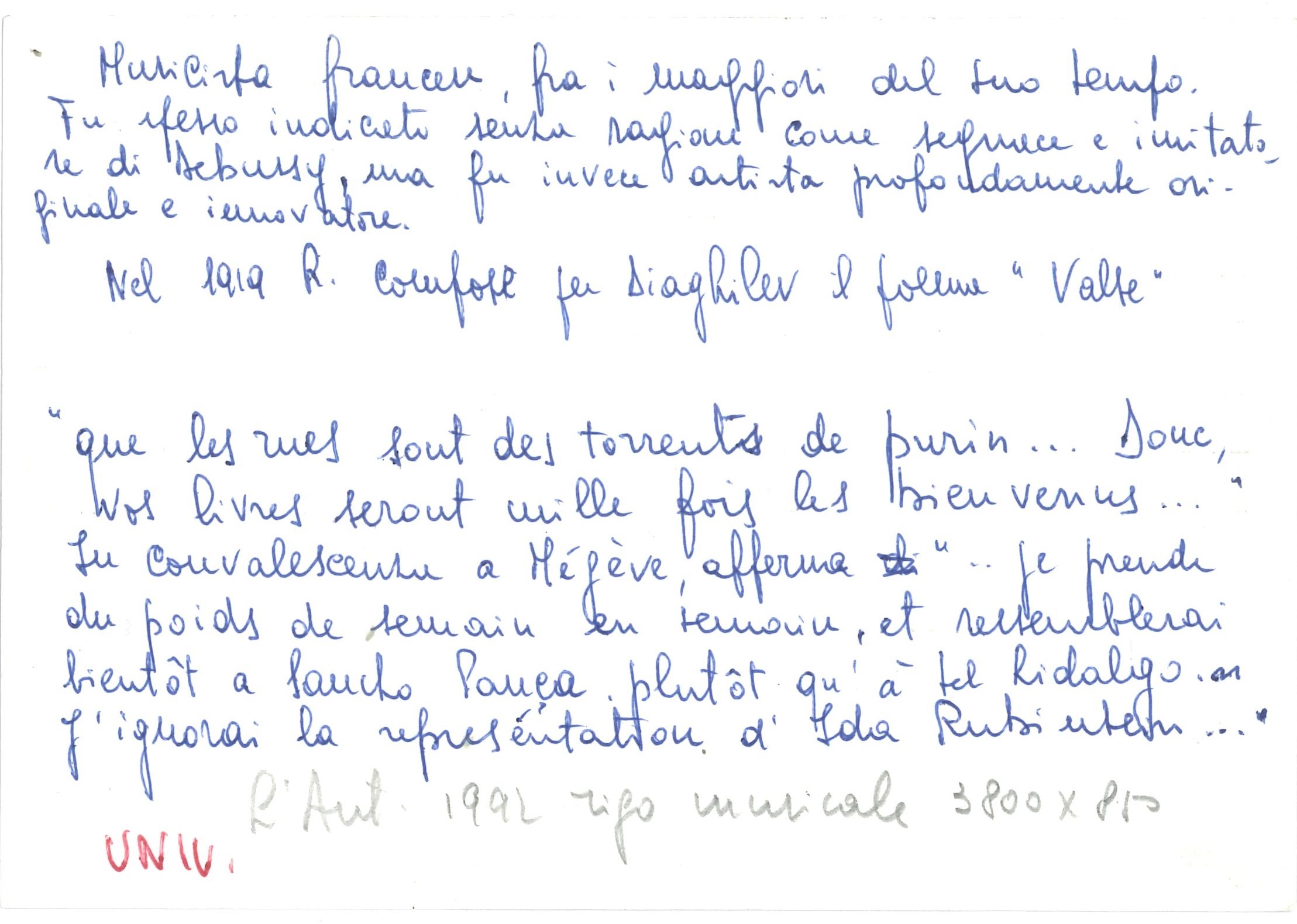 Ravel Maurice (1875-1937) Lettera Autografa da Mégéve