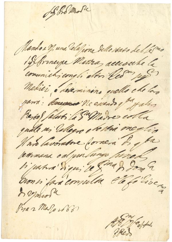 Redi Francesco (1626-1698) Lettera autografa indirizzata a Gregorio Redi