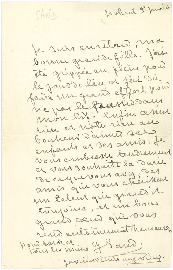 Sand George (1804-1876) Lettera autografa all'attrice Sylvanie Arnould-Plessy, presumibilmente datata 5.01.1874