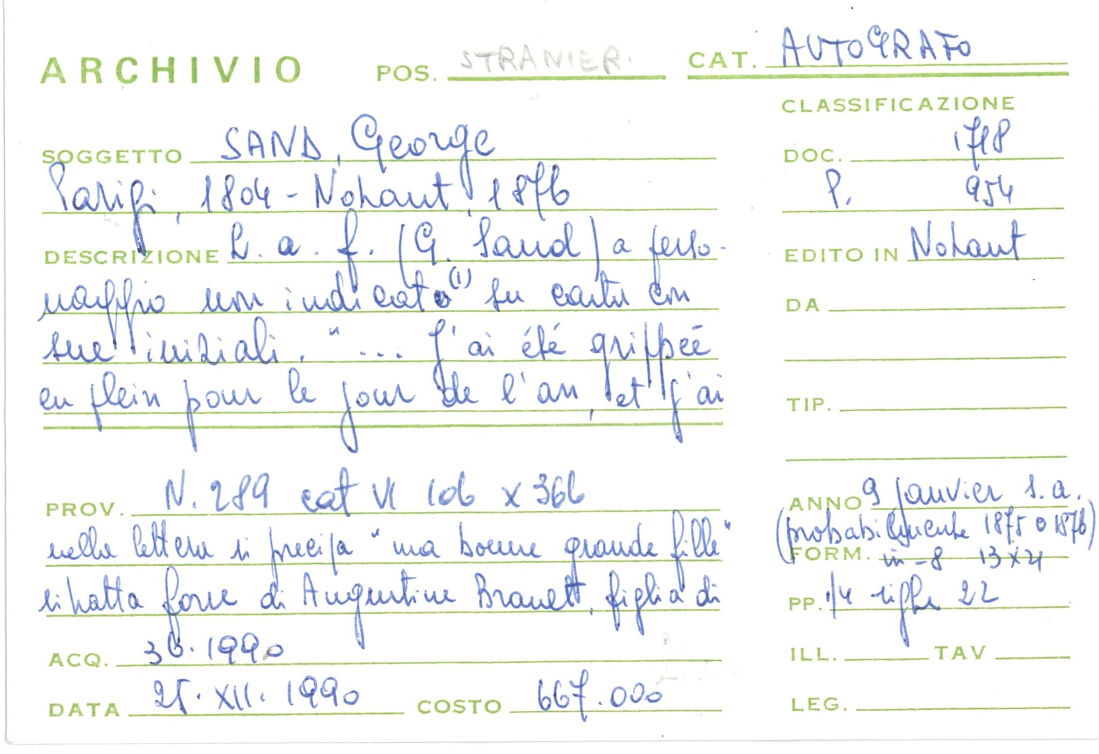 Sand George (1804-1876) Lettera Autografa All'attrice Sylvanie Arnould-plessy, Presumibilmente Da...