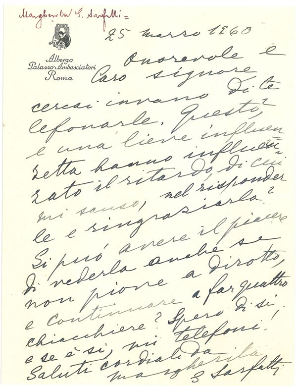 Sarfatti Margherita (1883-1961) Lettera autografa a non meglio specificato "amorevole e caro signore"