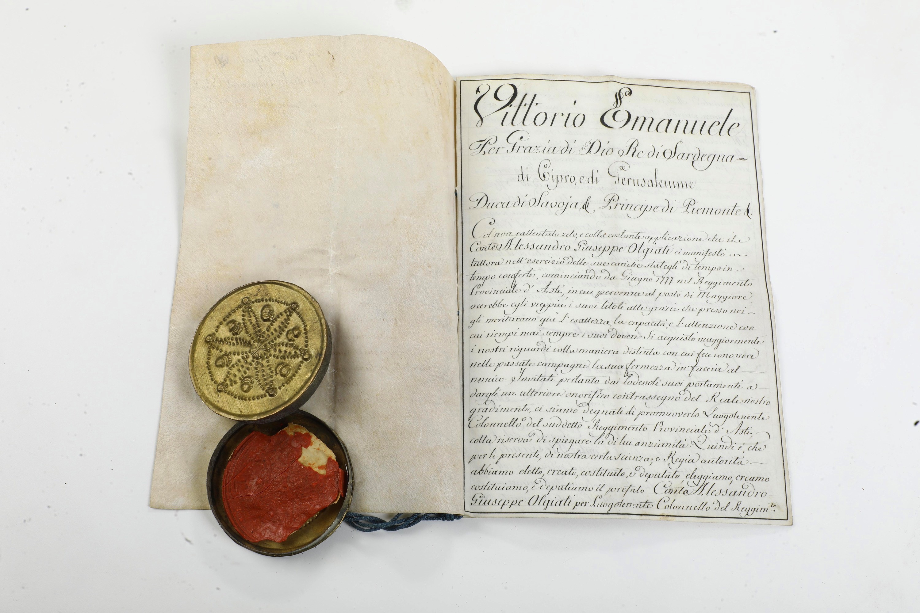 Di Savoia Vittorio Emanuele i (1759-1824) Patenti di Luogotenente Colonnello del Reggimento Provi...