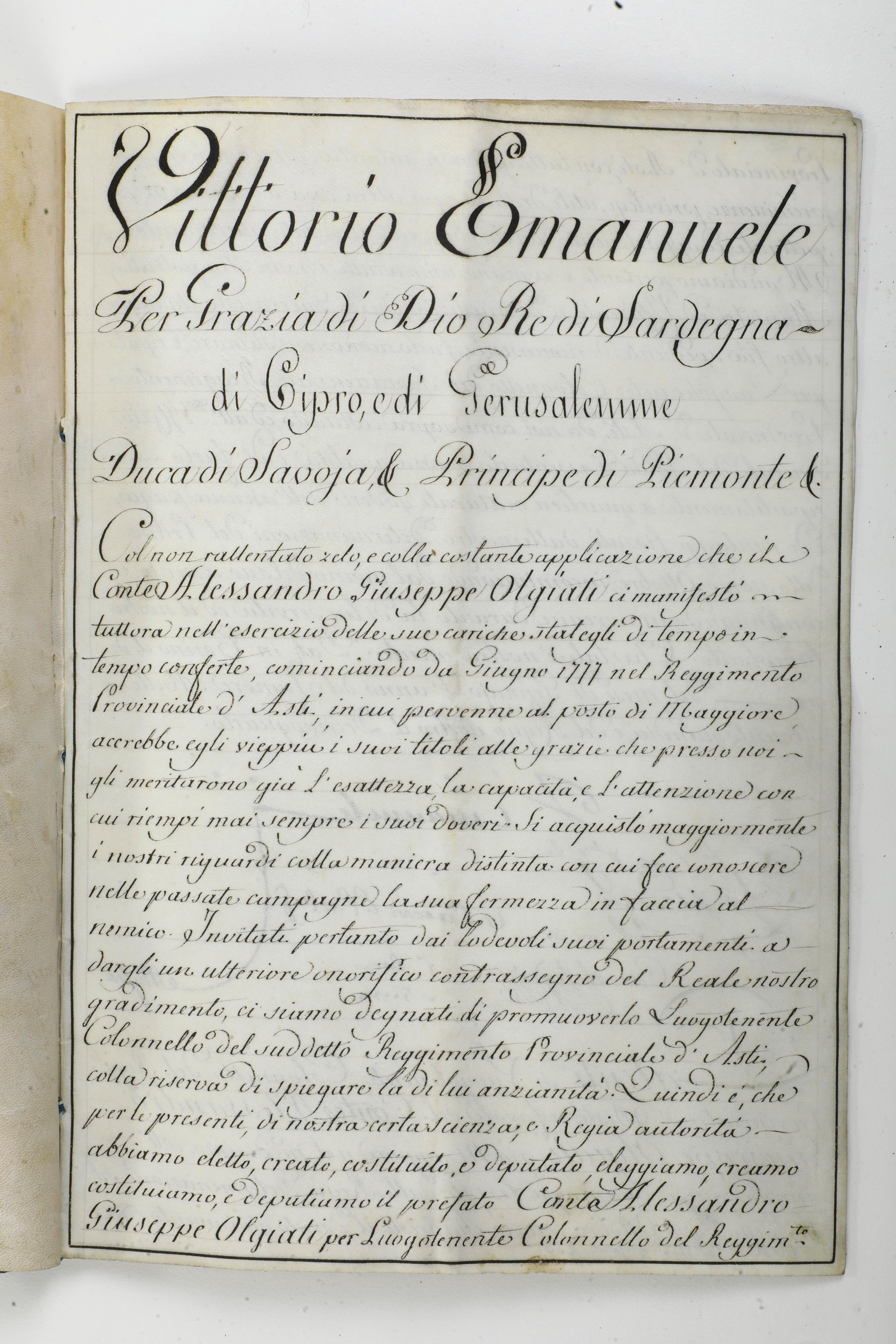 Di Savoia Vittorio Emanuele i (1759-1824) Patenti di Luogotenente Colonnello del Reggimento Provi...