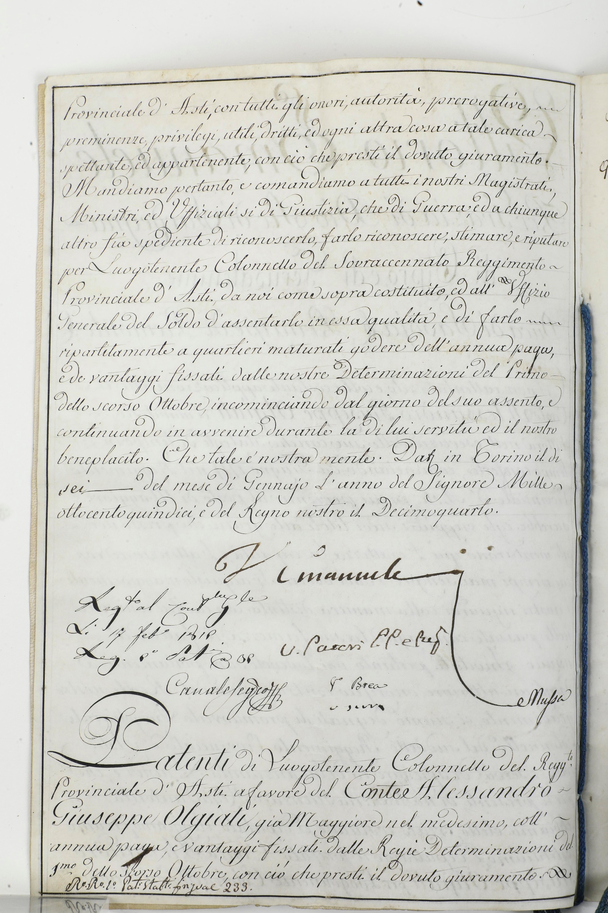 Di Savoia Vittorio Emanuele i (1759-1824) Patenti di Luogotenente Colonnello del Reggimento Provi...