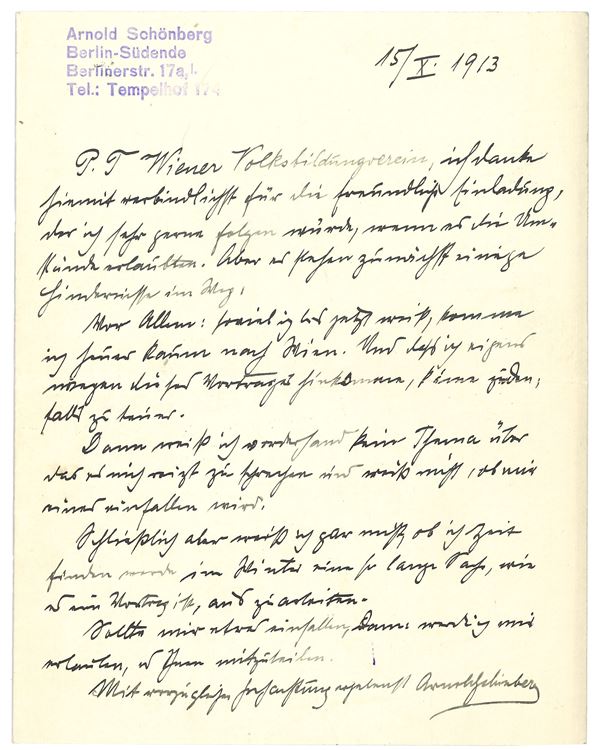 Schönberg Arnold (1874-1951) Lettera autografa in risposta a invito per una conferenza