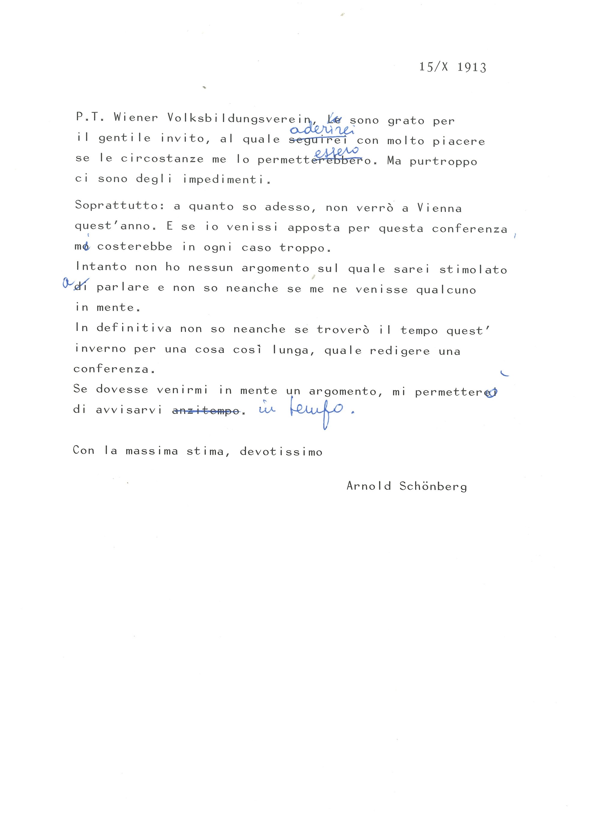 Schönberg Arnold (1874-1951) Lettera Autografa in Risposta a Invito per una Conferenza