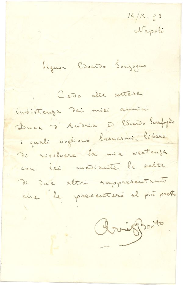 Boito Arrigo (1842-1918) Due lettere indirizzate a Edoardo Sonzogno e una a non meglio identificato "Professore" 