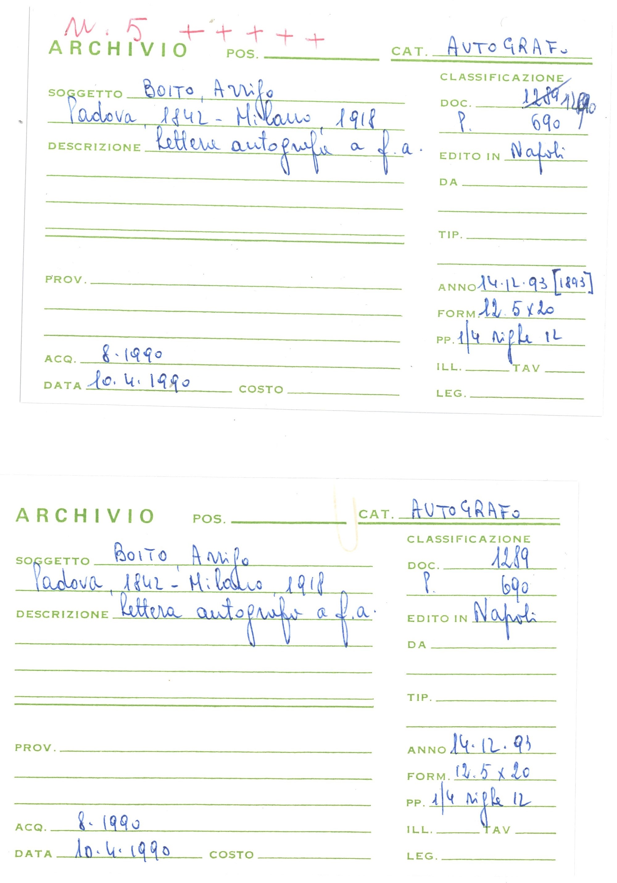 Boito Arrigo (1842-1918) Due Lettere Indirizzate a Edoardo Sonzogno e una a Non Meglio Identifica...