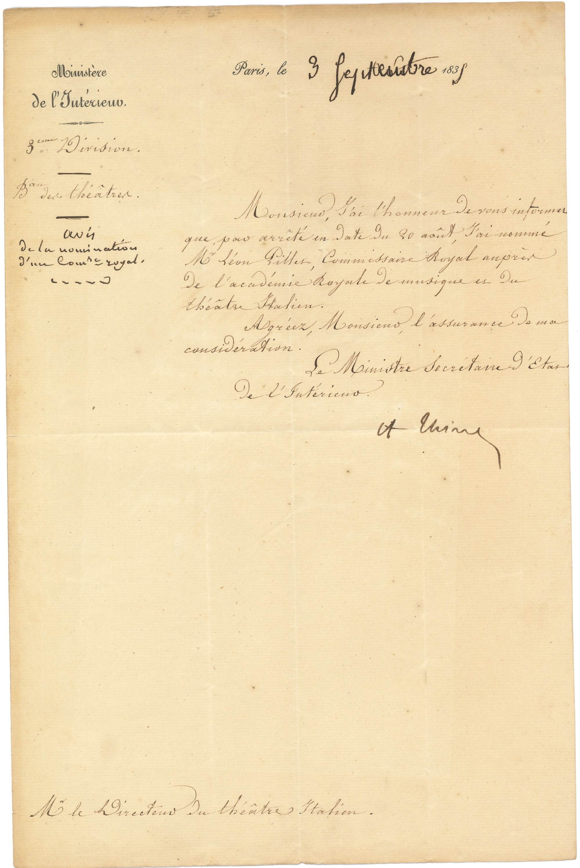 Thiers Louis Adolphe (1797-1877) Lettera Autografa a Monsieur Robert, Direttore del Teatro Italia...