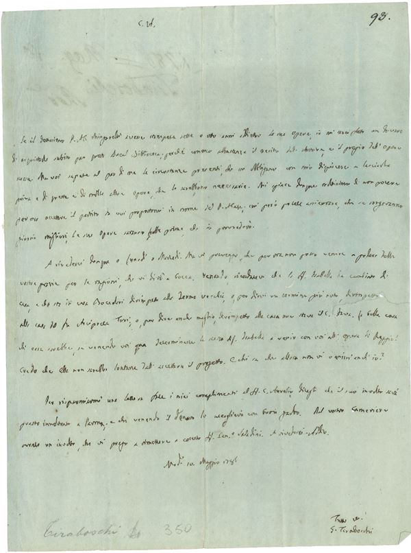 Tiraboschi Girolamo (1731-1794) Due lettera autografe, una a destinatario non identificato e una Giuseppe Vernazza