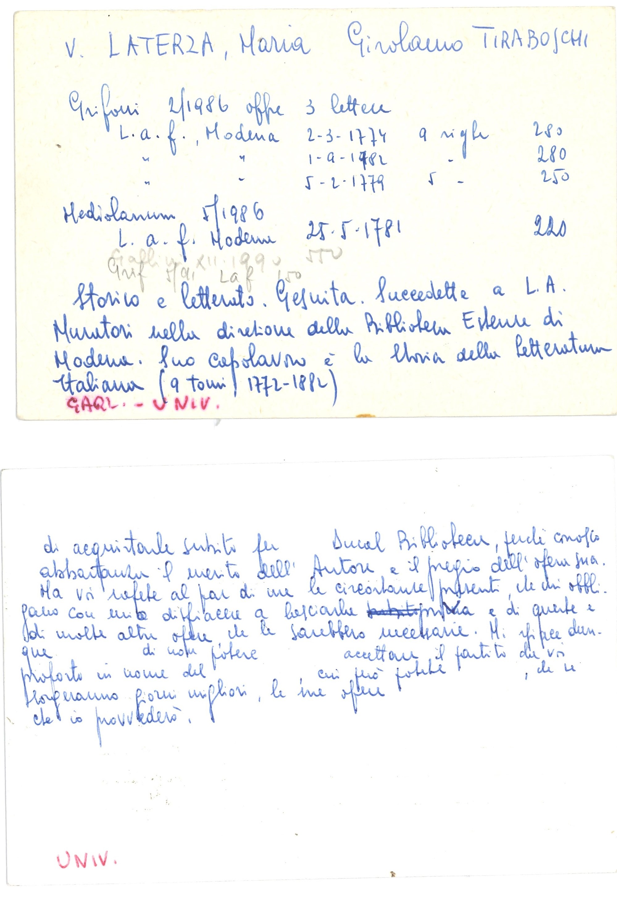 Tiraboschi Girolamo (1731-1794) Due Lettera Autografe, una a Destinatario Non Identificato e una ...